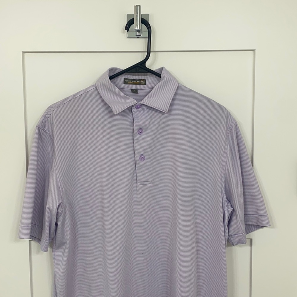 Pink and white striped Peter Millar golf polo